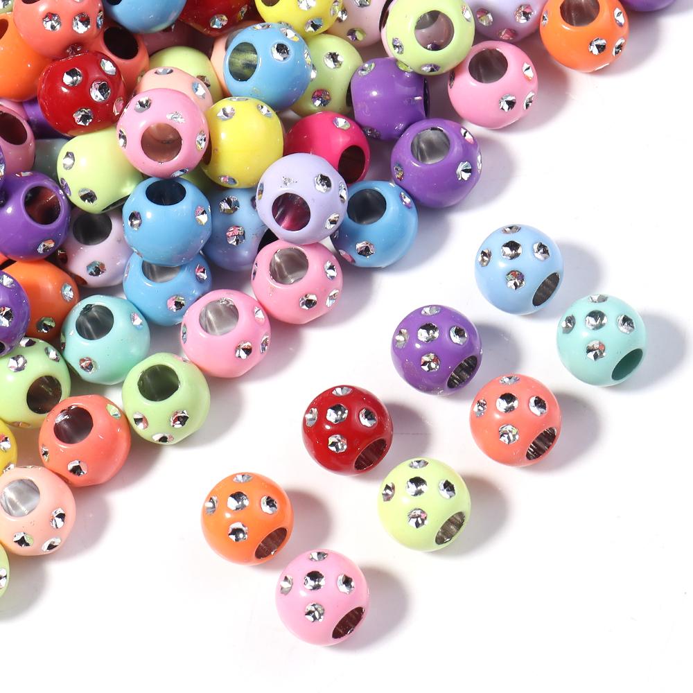 100pcs 9mm Rhinestone Acrylic Beads Shiny Mixed Color Big Hole Round Loose Beads For Jewelry Making DIY Bracelets Headwear Decor