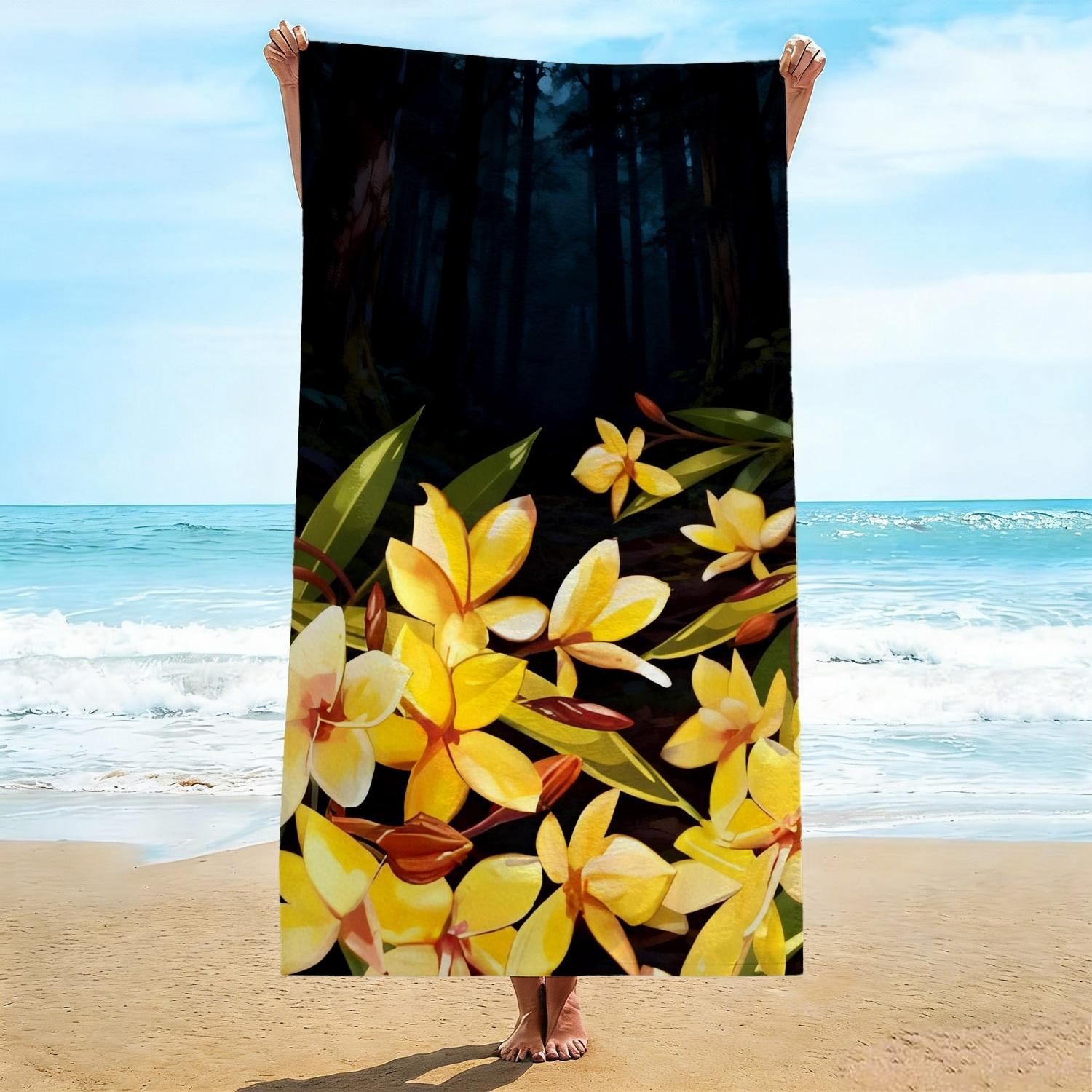 

Exotic Plumeria Beach Towel, Vibrant Yellow Frangipani & Dark Forest Pattern Bath Towel, Tropical Vacation Beach Blanket W40*H60(CM)