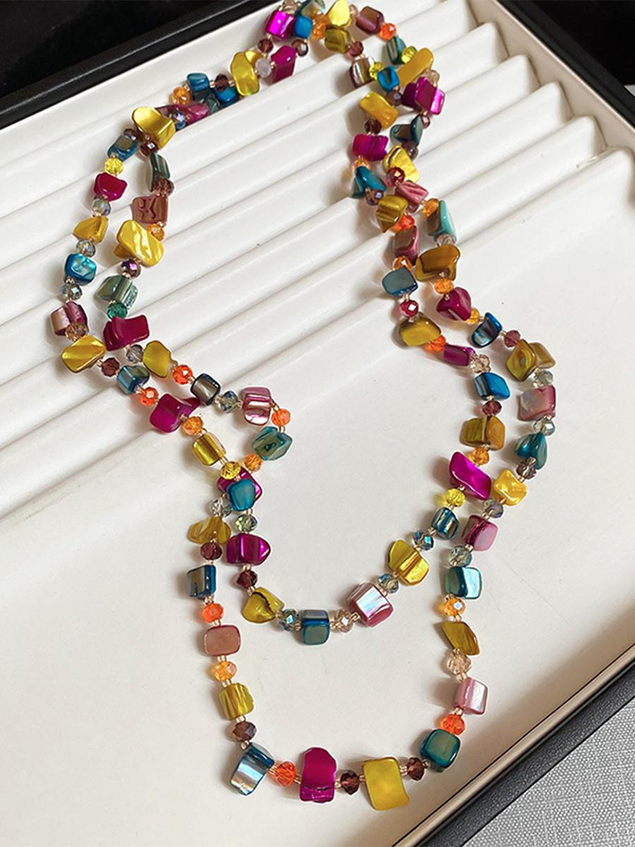 Vintage Bohemian Multicolored Shell Beaded Double-layer Necklace Trendy Vacation Stacking Necklace Jewelry Women Accessories