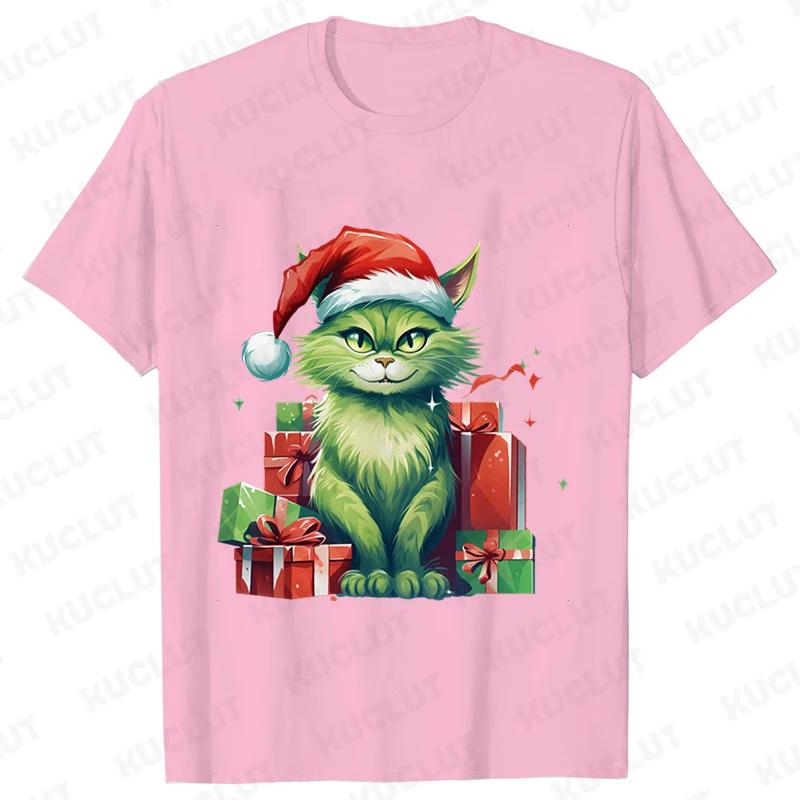 New Year Short Sleeve Tshirt Cute Cat Print Tops Fashion Xmas Unisex Tees Shirt Trend Graphic Christmas Male Oversized Clothing