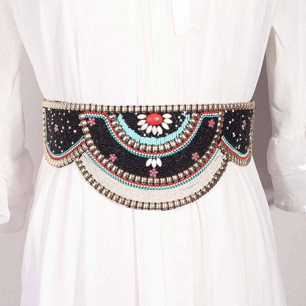 New Ethnic Style Bead Waist Seal Pure Handmade Boho Elastic Wide Waist Seal for Women Elegant Colorful Shells