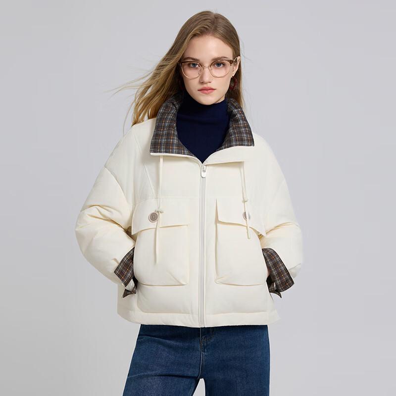 

Women s Petite Grid Stand Collar Short Down Jacket M