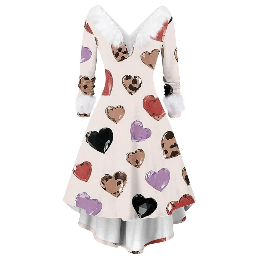 Damen stilvolles und elegantes langärmeliges V-Ausschnitt Kleid mit Valentinstags-Herzprint