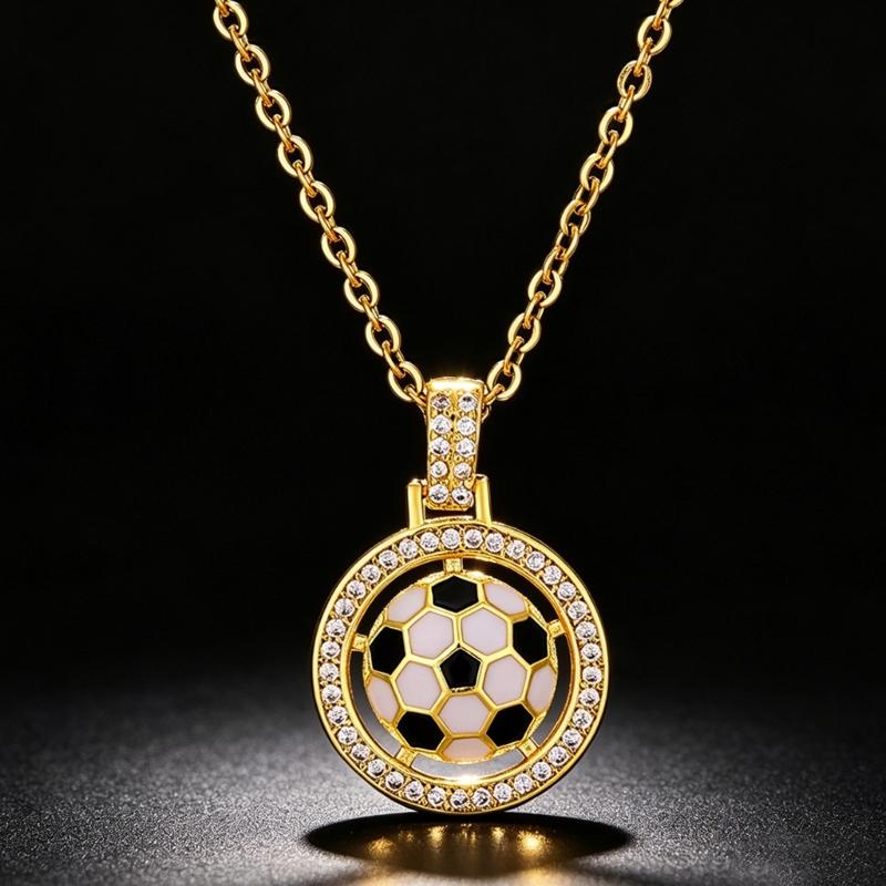 Football Pendant Necklace with Gold Tone Chain and Frame, 41-50 Cm Jewelry Metal Texture for Daily Styling, Game Day Wear and Gifts