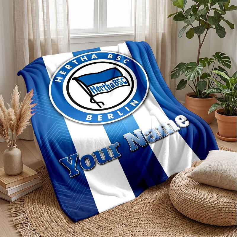 Hertha Bsc Custom Name Text Flannel Blanket Soccer Logo Personalized Fleece Throw Blanket Special Gift For Sofa Bedroom Home