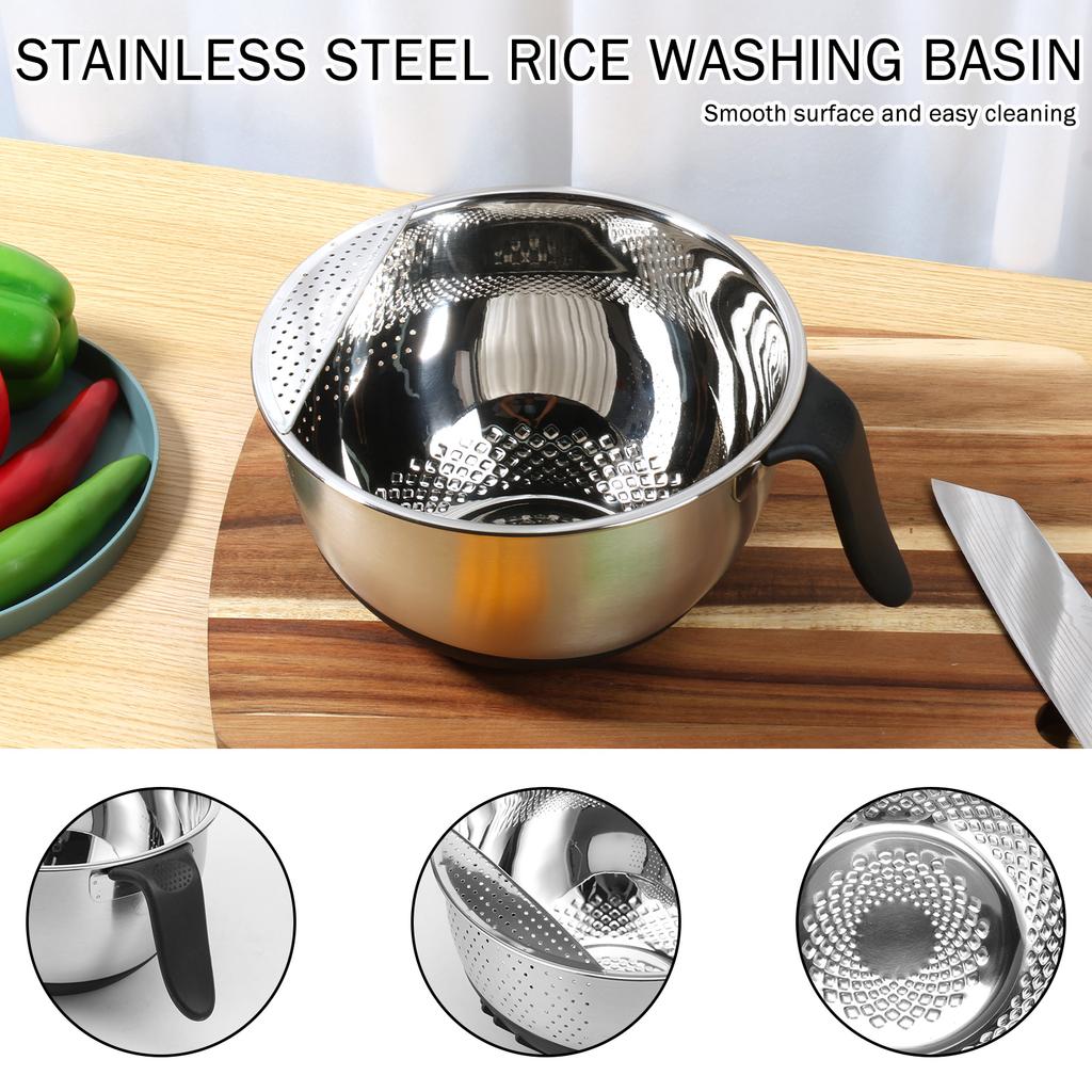 Stainless Steel Rice Washing Colander Bowl with Silicone Base and Handle Versatile Side Drainers for Cleaning Fruits Vegetables