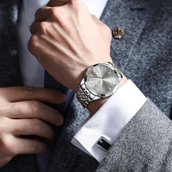 OLEVS Wristwatch Mens Waterproof Analog Quartz Silver Watch Gray Dial Roman Numerals Date Day Stainless Steel Band