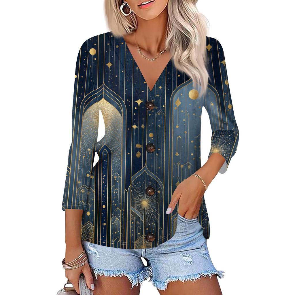 Women's Casual Fashion Floral Print Three-quarter Sleeve Button Cardigan Top