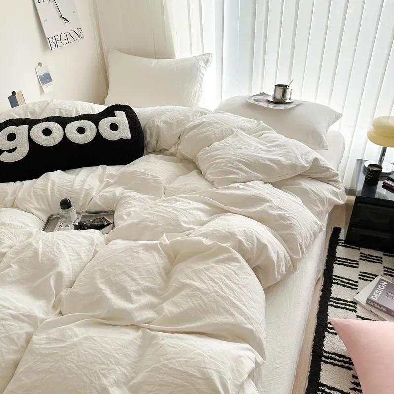 Washed Cotton Bed Linen Bedding Set 3/4 Pieces Bed Sheets Set Solid Color Comforter Cover Couple Queen King Size Bed Quilt Cover