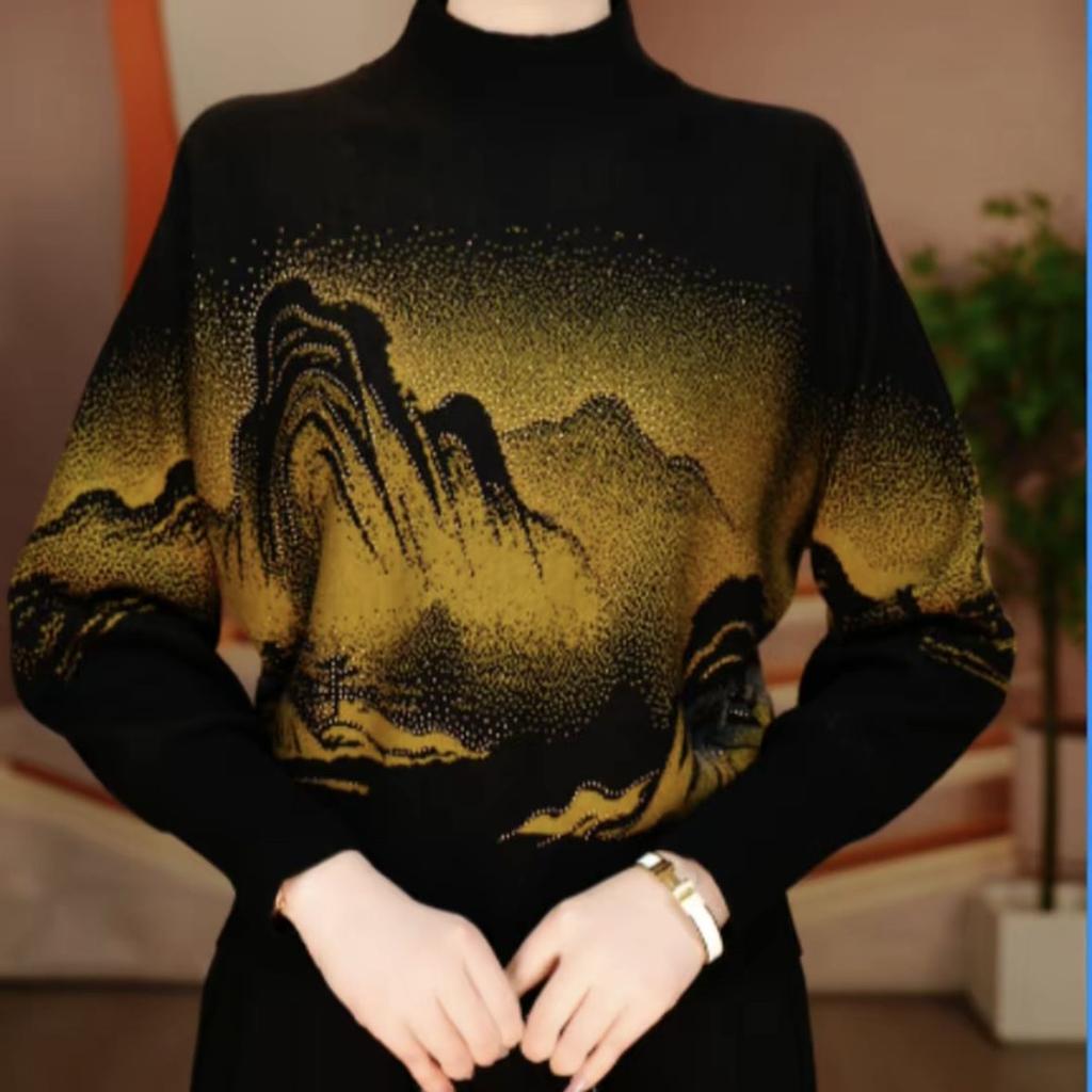 Women's Print Sweater Long Sleeve Rhinestone Stand Collar Sweater Autumn/Winter Soft Skin-Friendly Stretchy Knit Top