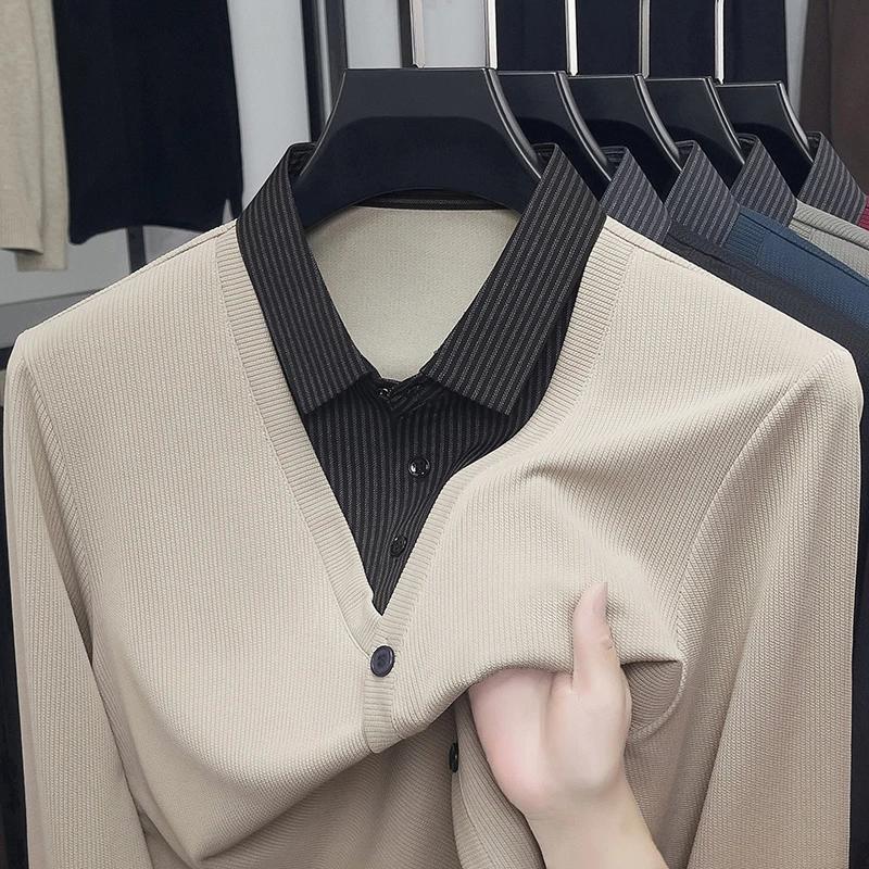 Men's Fake Two Piece Polo Shirt Casual Fashion Long Sleeve Collar T-shirt Versatile Top