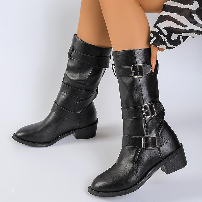Fashion Women's Solid Color Slip On Knight Boots Autumn Winter Chunky Heel Mid Calf Botas Mujer Buckle Strap PU Leather Motorcycle Boots