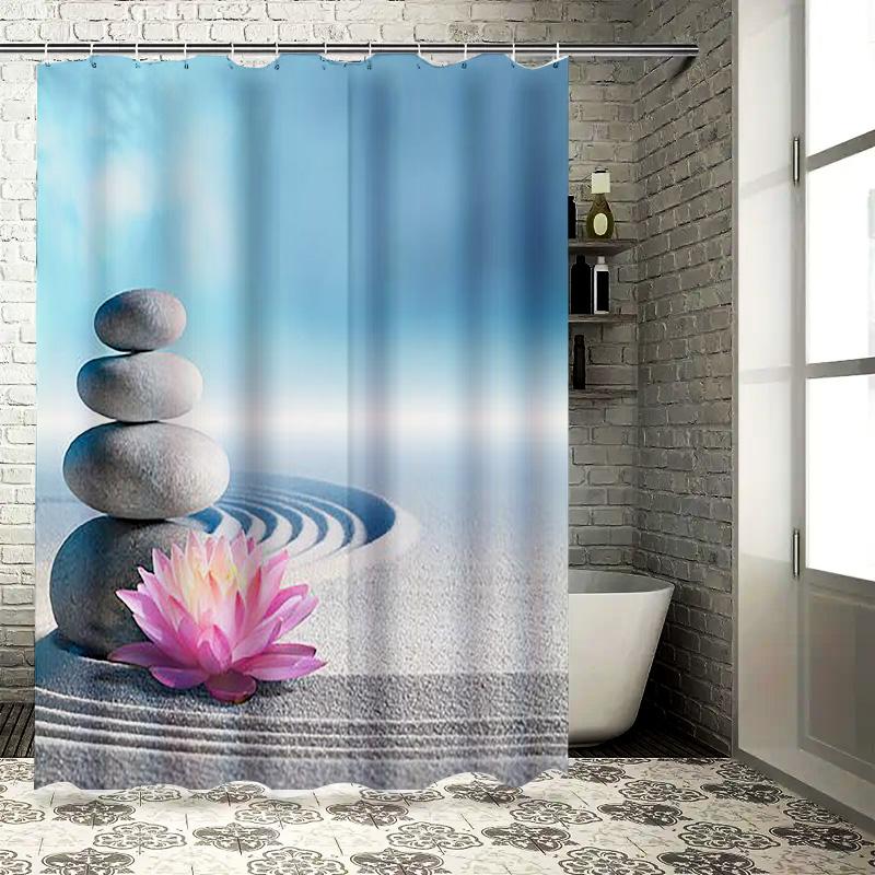 Zen Stones and Lotus Waterproof Shower Curtain Heat Resistant Machine Washable Non-Transparent 180x180cm