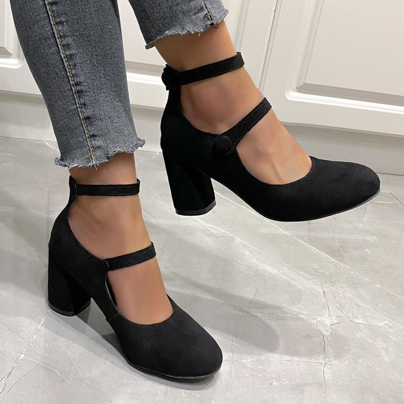 

Модные женские туфли на высоком каблуке, черные сексуальные туфли-лодочки из искусственной замши с ремешком на щиколотке, туфли Мэри Джейн с двойной пряжкой, весна-осень 38 чёрный