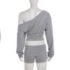 American Casual Off-Shoulder Long-Sleeve Hoodie Waist-Cinched Sportswear Set