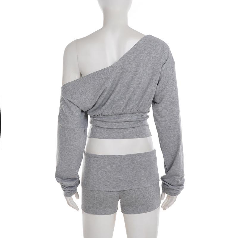 American Casual Off-Shoulder Long-Sleeve Hoodie Waist-Cinched Sportswear Set