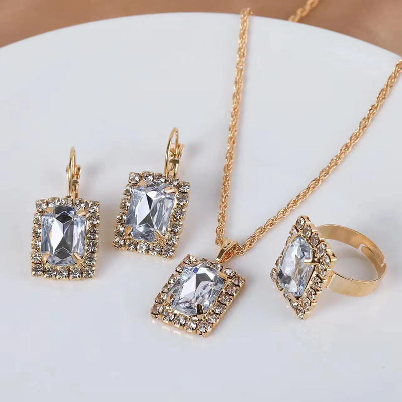 Necklace Earring Ring Three Piece Set Women's Water Droplet Heart-shaped Rhinestone Sets Fashionable Bridal Accessory