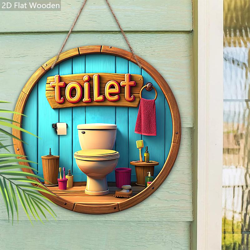 Toilet Wooden Sign with Closestool Pattern - Round Sign for Toilet Door Hanging Decor - Ideal Bathroom Hanging Ornament