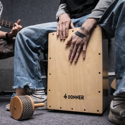 Donner Cajon Percussion Instrument, Full-Size Wooden Box Drum with Guitar Strings, Cajon Bag, Rubber Feet, and Strings, Elegant Birch, 30*30*48cm (DCD