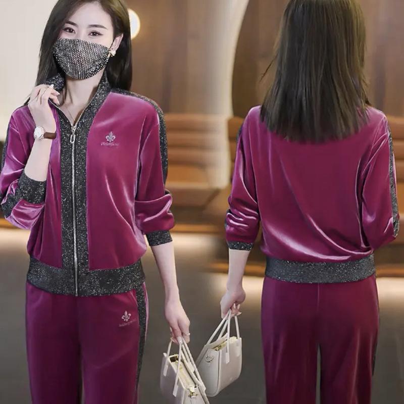 

Женский велюровый спортивный костюм-двойка на весну/осень 2025 - Модная, не старящая повседневная одежда 5XL (recommended 145-155 jin) розы красного