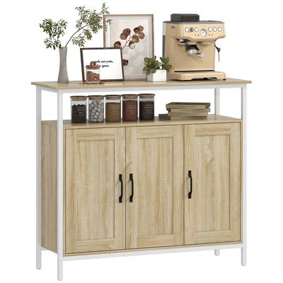 Buffet, Storage Furniture with 3 Doors, Open Compartment and 4 Adjustable Shelves, 100 X 35 X 88 Cm, Natural Wood