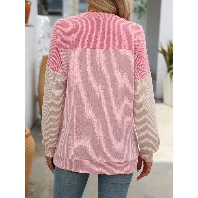Loose Long Sleeve Colour Block Top Women Spring Autumn Round Neck Twisted Stripe