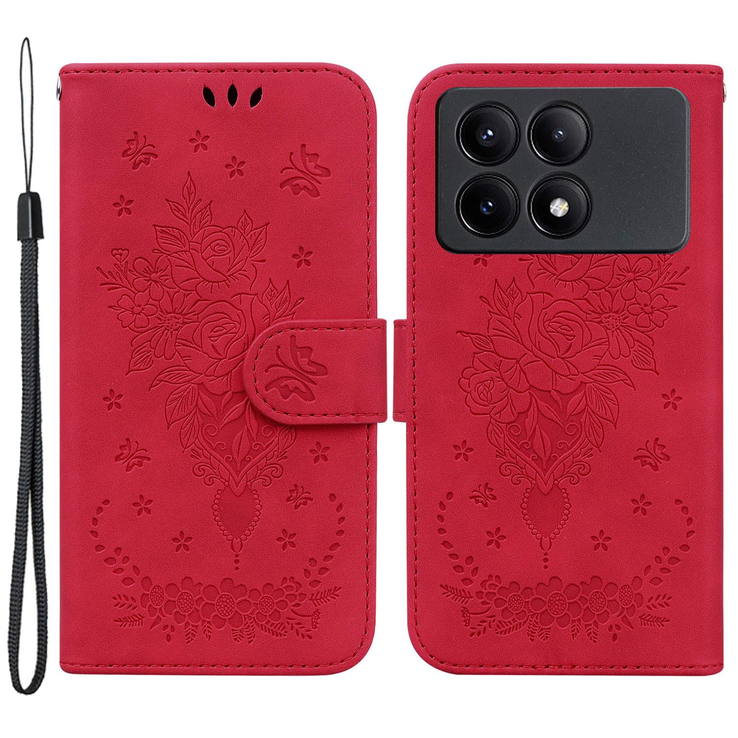 

For Xiaomi Redmi K70E 5G/Poco X6 Pro 5G Leather Case Flower Pattern Wallet Style Phone Protector Red