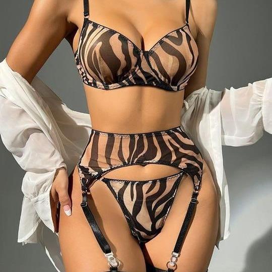 Ultra-thin Mesh Perspective Sexy Zebra Pattern Erotic Underwear Three-piece Bra Set In Stock