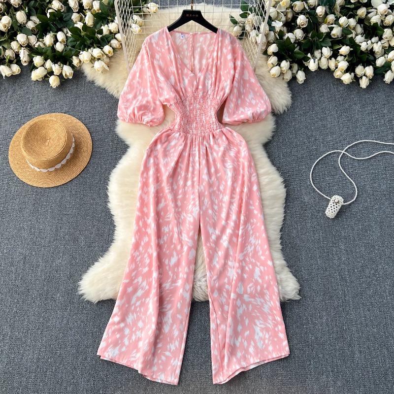 

Neploe модные винтажные комбинезоны с v-образным вырезом и пышными рукавами и принтом Y2k, свободные широкие брюки, новинка лета 2024, комбинезон с тонкой талией One Size розовый