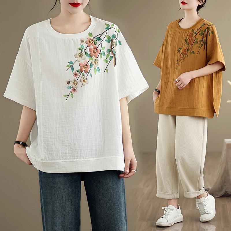 Dimanaf 2025 New Summer Plus Size T-Shirt Women Flower Printing Short Sleeve Loose Tops Tees Maxi