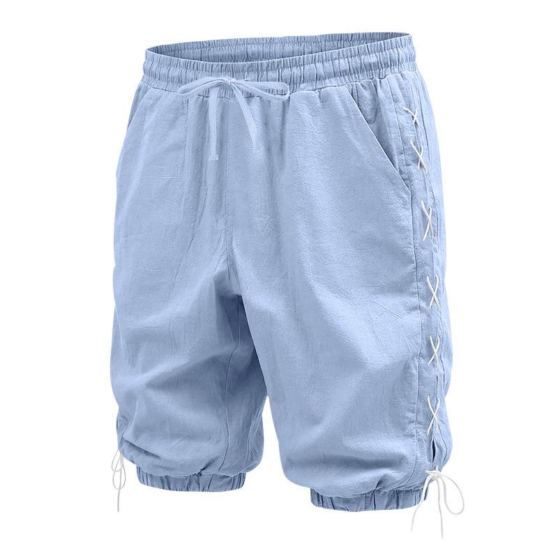 Men's Linen Casual Shorts Side Drawstring Cotton Linen Breathable Beach Pants Summer Lightweight Loose Fit Straight Leg