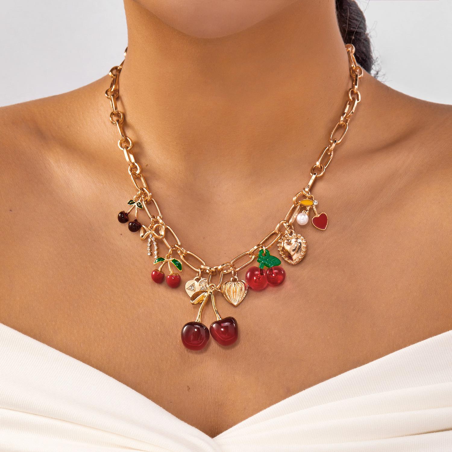 

Trendy Sweet Cherry & Peach Heart Bow Pendant Necklace for Women