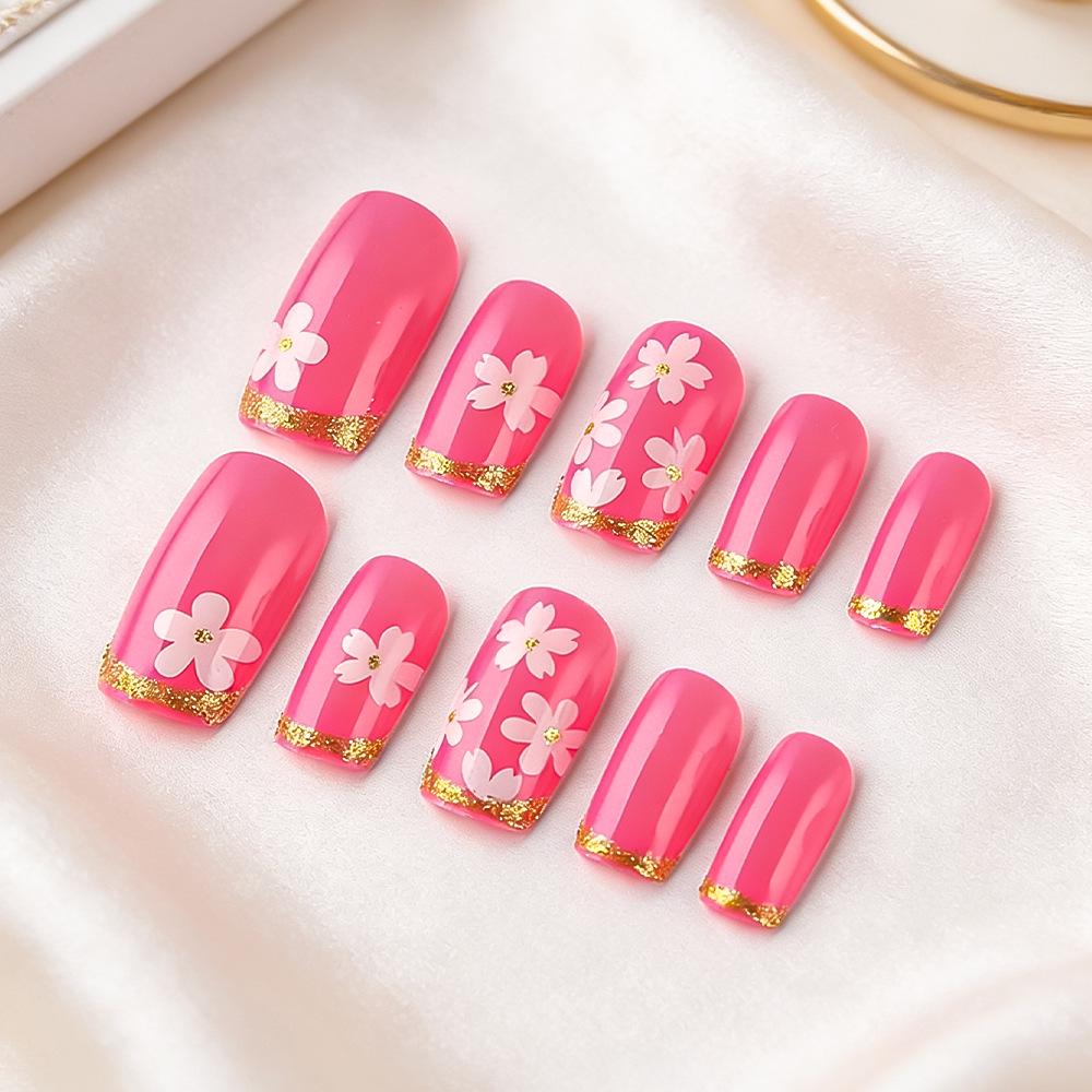 Spring Pastel Pink Floral Gold-Tipped Manicure - 24 Detachable Wearable Nails