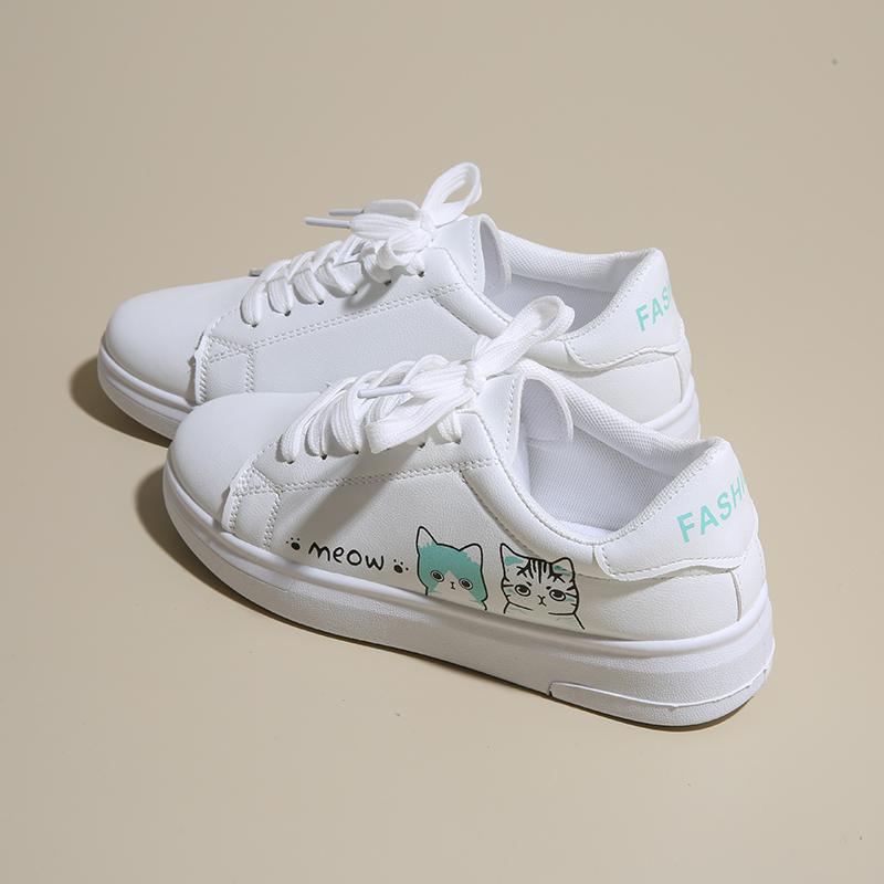 Women's White Vulcanized Shoes | Fashionable Breathable PU, Cute Cat Cartoon Shoelaces, Casual Footwear