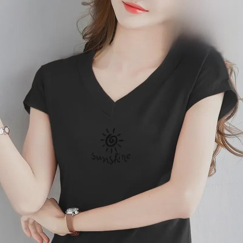 Damen 2024 V-Ausschnitt Lockeres Kurzarm-T-Shirt aus reiner Baumwolle - Sommeroberteil in Übergröße