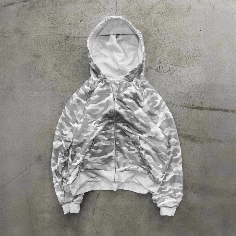 Camouflage Patchwork Hooded Zip-Up Sweatshirt Unisex Streetwear Oversized Casual Pullover