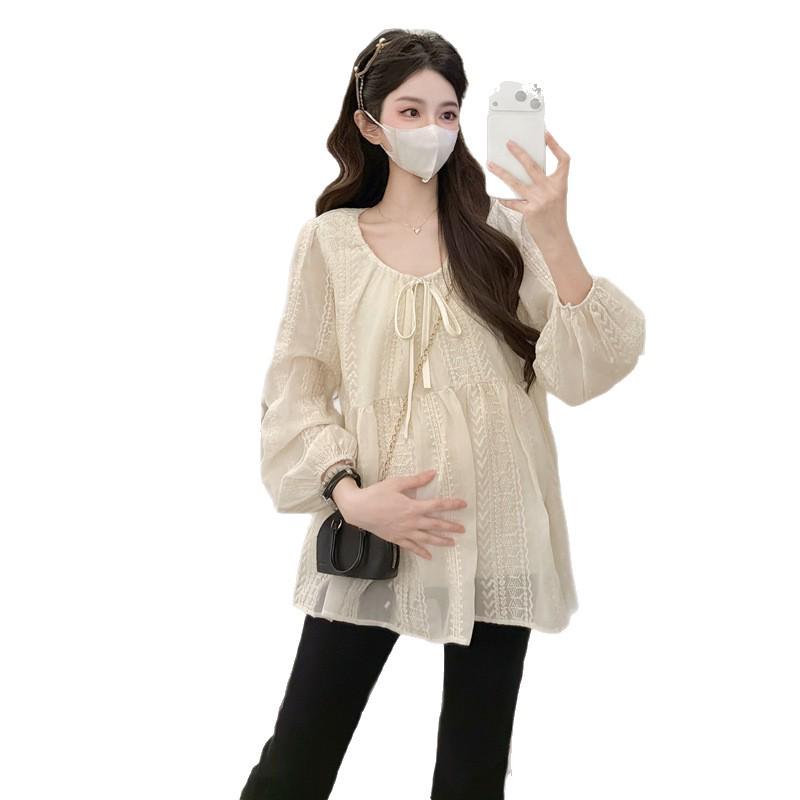 Embroidered Long Sleeve Maternity Doll Shirt: Versatile Loose Fit for Spring & Autumn