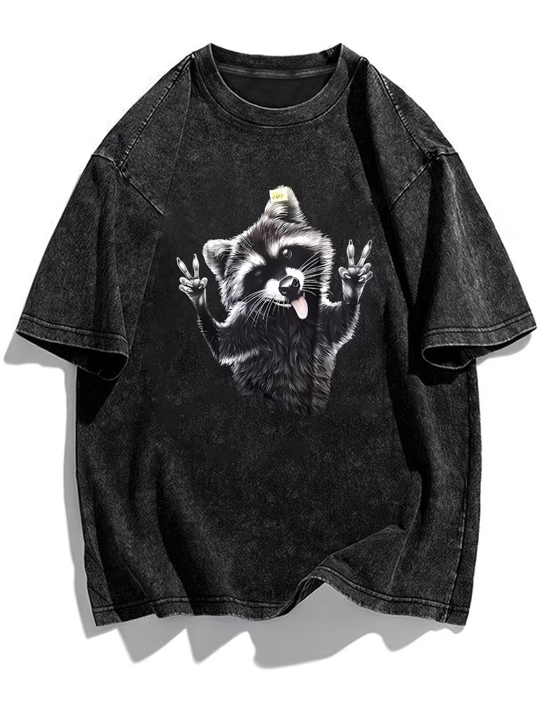 Vintage Raccoon Graphic Tshirt Washed Cotton Acid Wash Streetwear Tee Retro Animal Print Top Oversized Casual Unisex Apparel