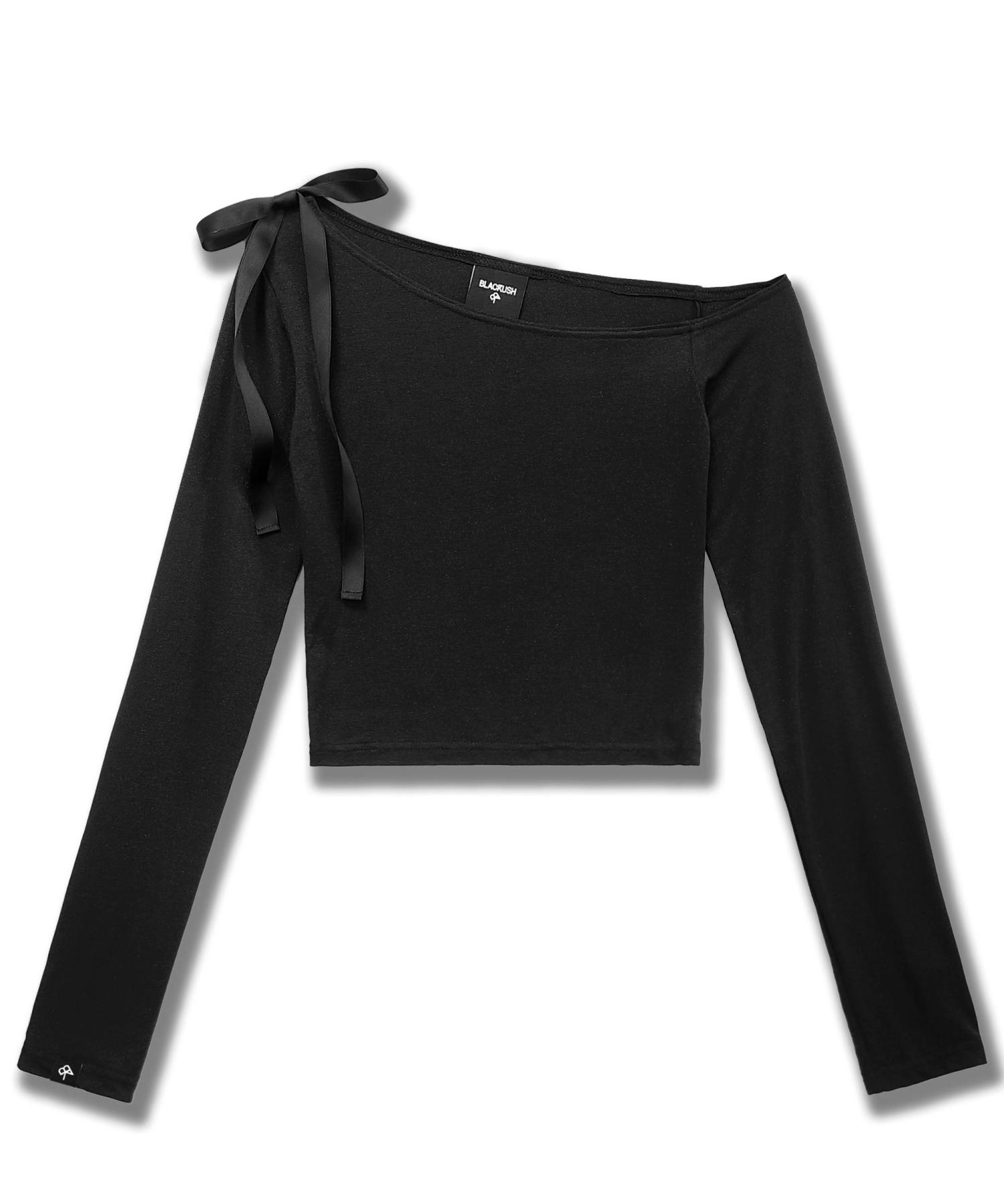 Black Crush Ribbon Off-Shoulder Pearl Slim T-Shirt Black/Black