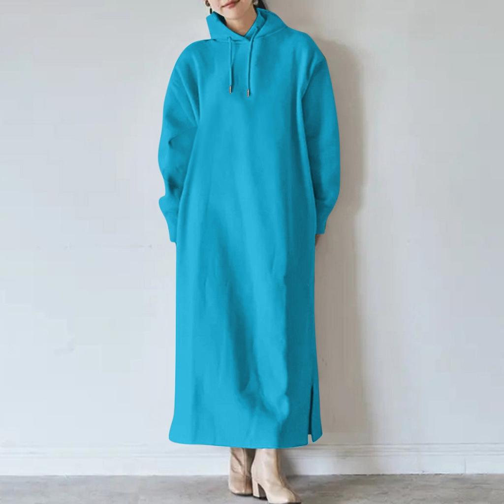 Dámská jednobarevná mikina s dlouhým rukávem a kapucí se spodním okrajem větších velikostí, rovná kapsa, volné dlouhé šaty