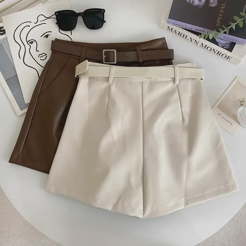 Autumn 2024 High-Waist PU Leather Shorts - Korean Style Casual Wide-Leg Fashion