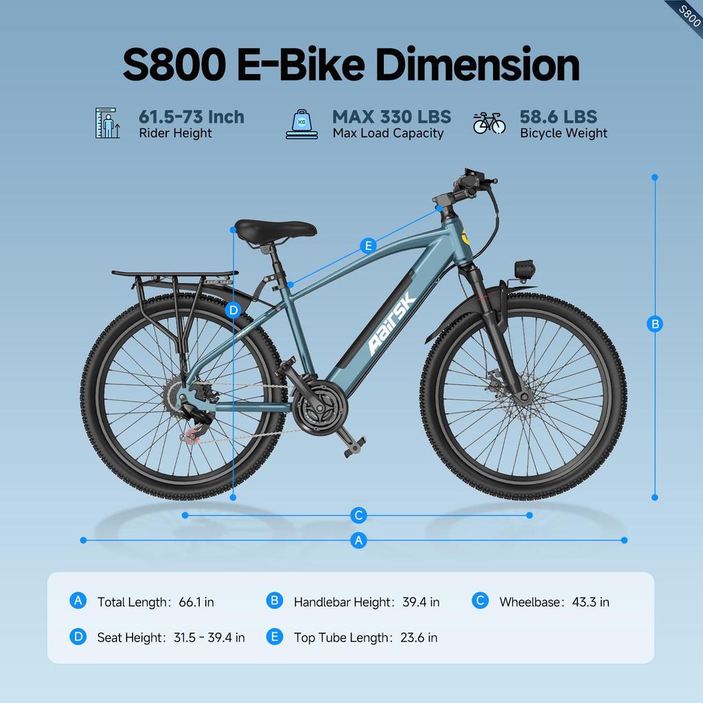 Aairsk Bicicleta Eléctrica de 26" para Adultos, E-bike con Motor sin Escobillas de 250W, Batería Extraíble de 36V 13Ah, 7 Velocidades 25km/h Desbloqueo NFC, E-Bike de Montaña para Desplazamientos