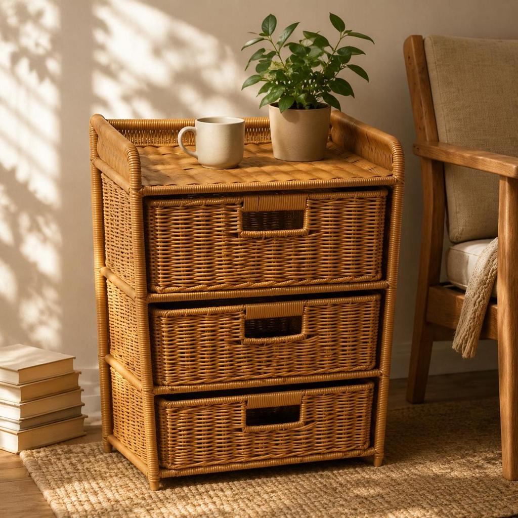 Woven Rattan Storage Cabinet Slim Legs Nightstand Space-Saving