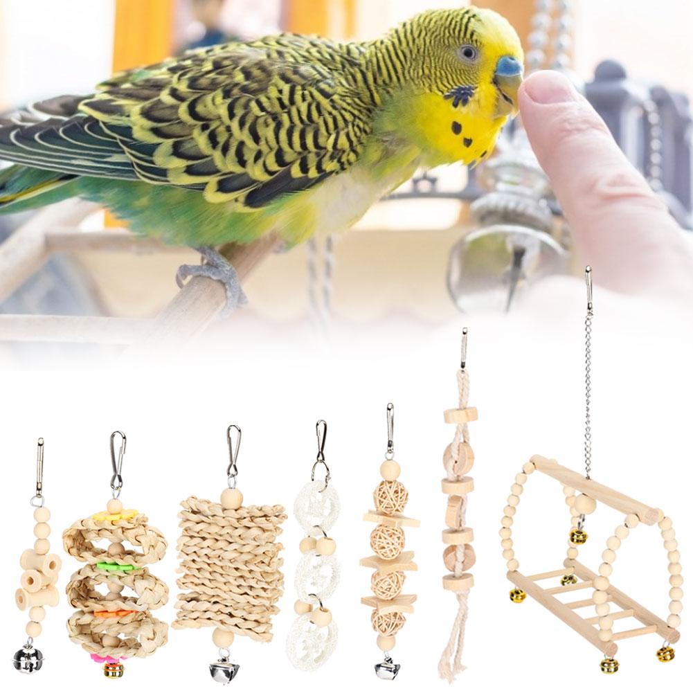 7PCS/Pack Parrot Toy Set Hanging Swing Bells  Wooden Bridge Chewing Parts Supplies