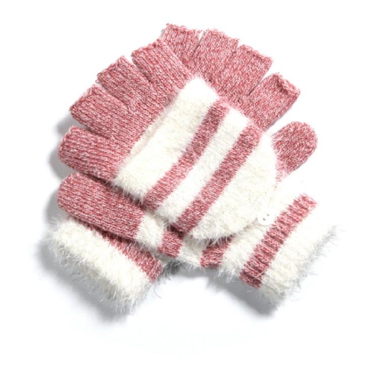 Striped Pattern Glove Plush Fingerless Mittens with Flip Top Knitted Gloves