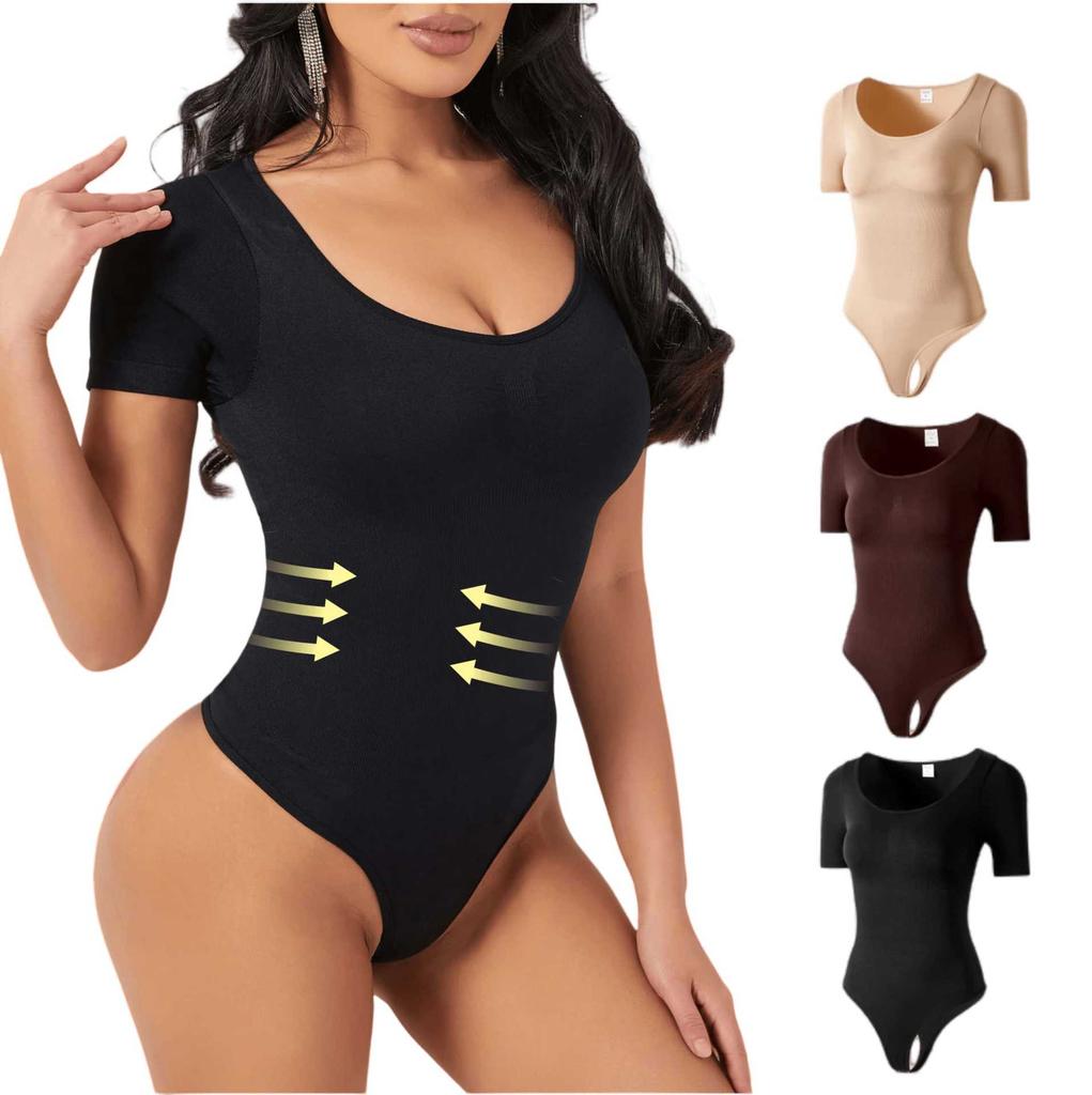 Butt-Lifting Bodysuit Waist-Cinching Tummy-Control Seamless Short-Sleeve Thong-Style Shaping Bodysuit Body-Shaping Underwear