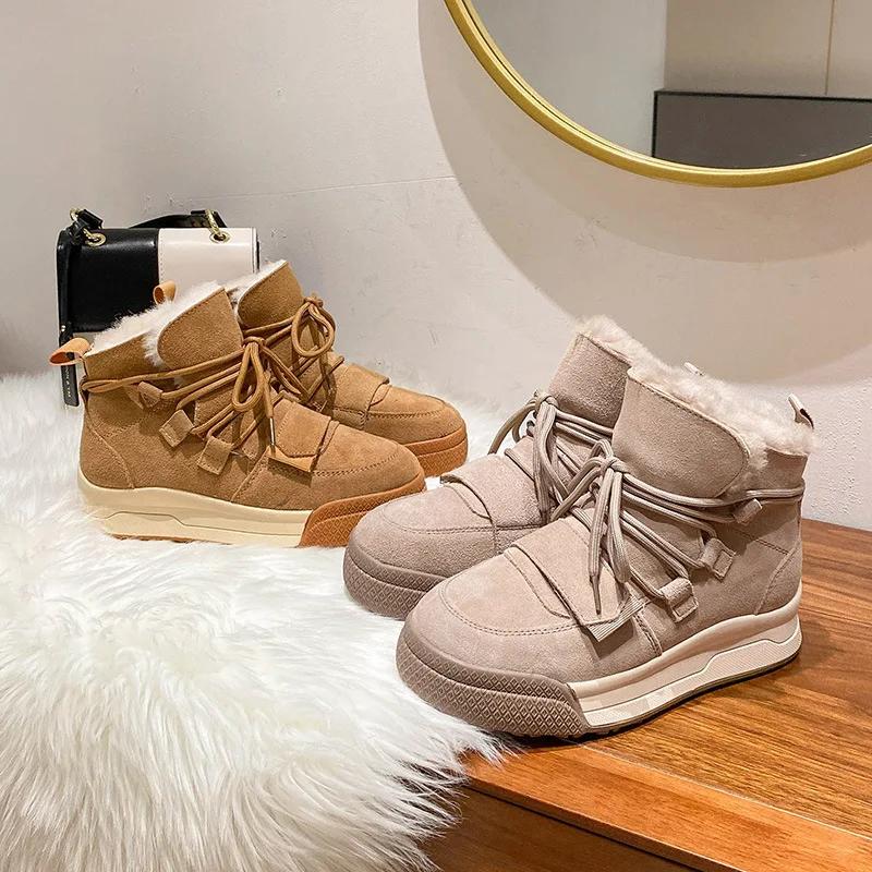Winter Snow Boots Women Genuine Cow Leather Artificial Wool Solid Color Lace-up 2025 Warm Ladies Shoes Handmade