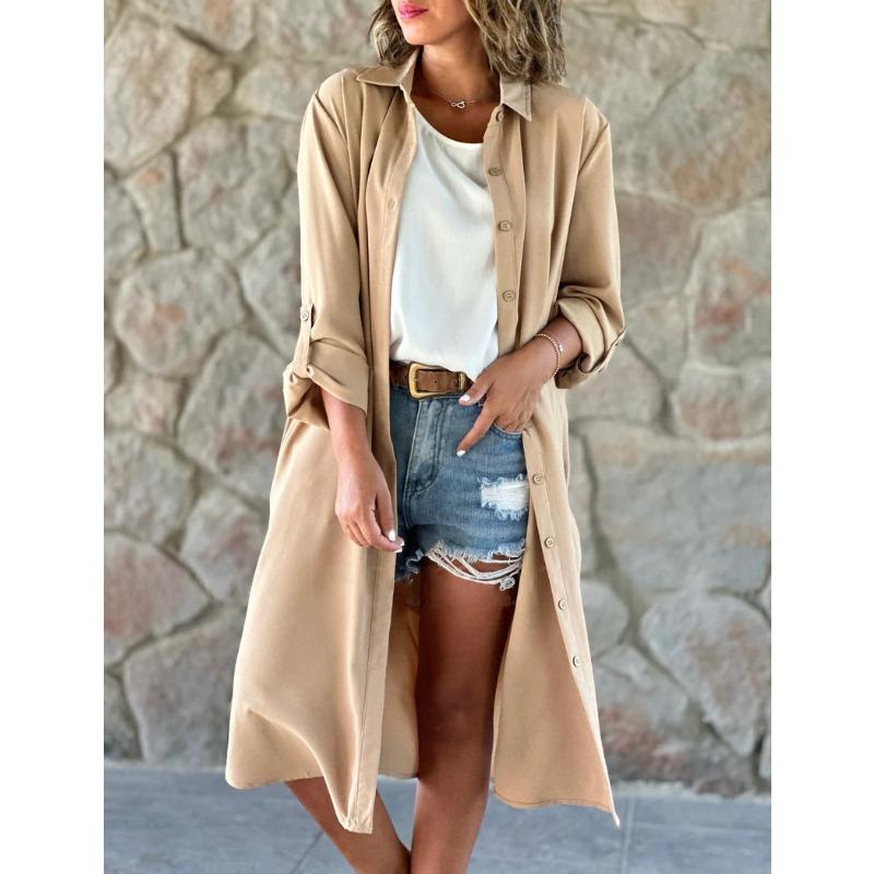 JKASHDK Women's Fashion Spring Fall Solid Color Print Long Sleeve POLO Neck Loose Waistline Casual Dresses