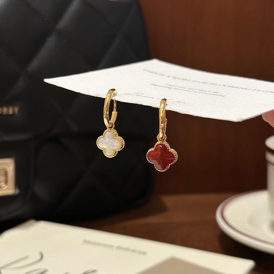 Double-Sided Red Mother-of-Pearl Flower Earrings: Elegant, Versatile, High-End Detachable Studs for Women