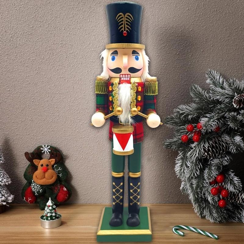 Traditional Wood Checkered Nutcrackers 38cm Figure Ornament Christmas Soldier King Puppet Figurine Holiday Decoration